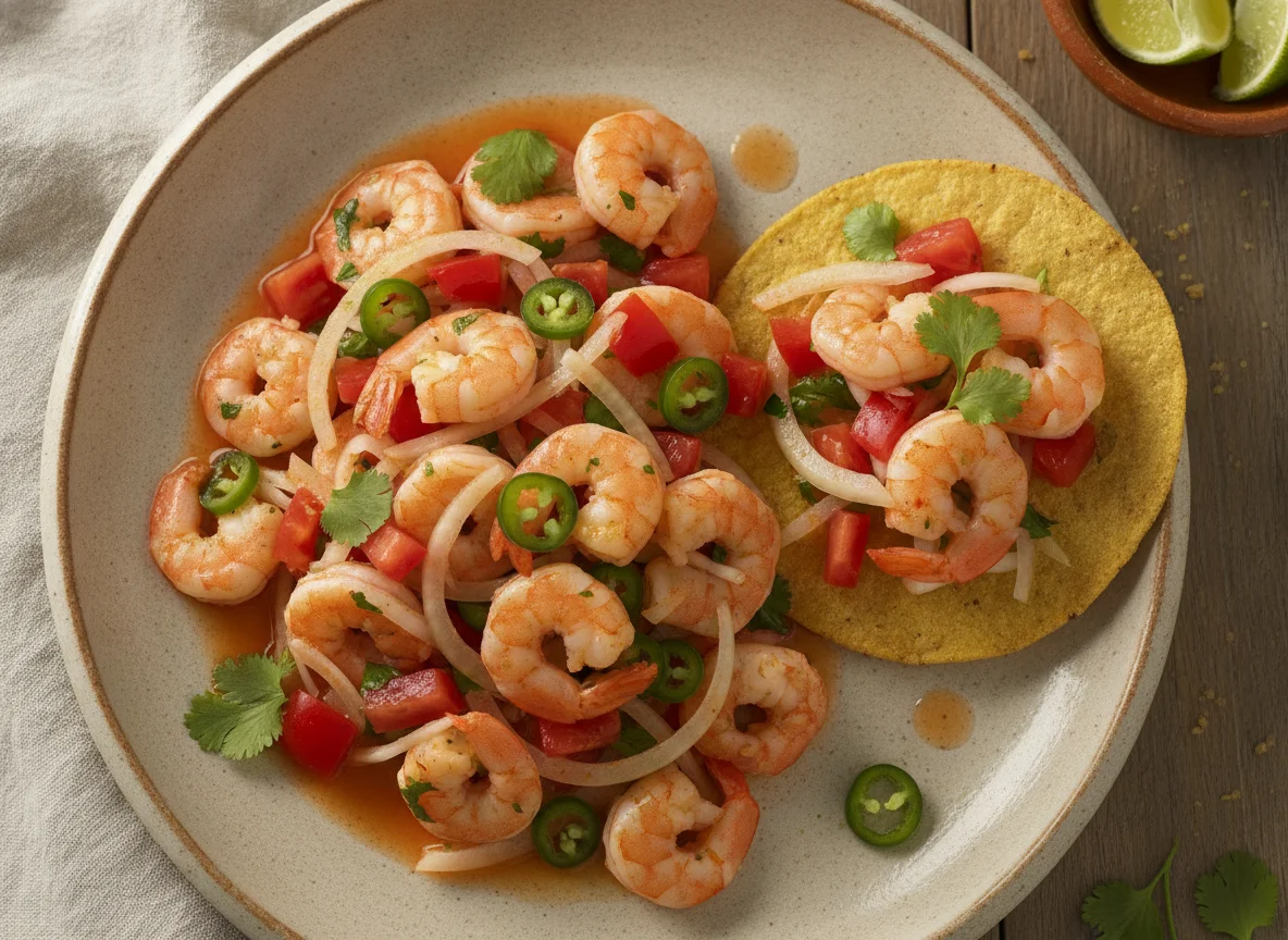 Ceviche de camarón con tostada photo