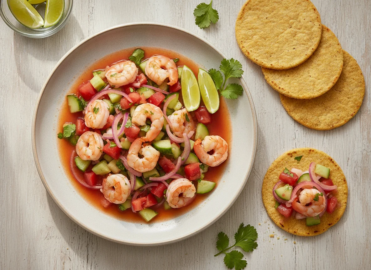 Ceviche de camarón con tostadas photo