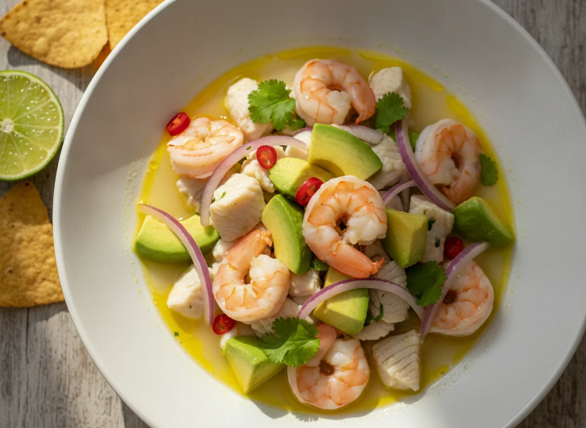 Ceviche de camarón y pescado con palta photo