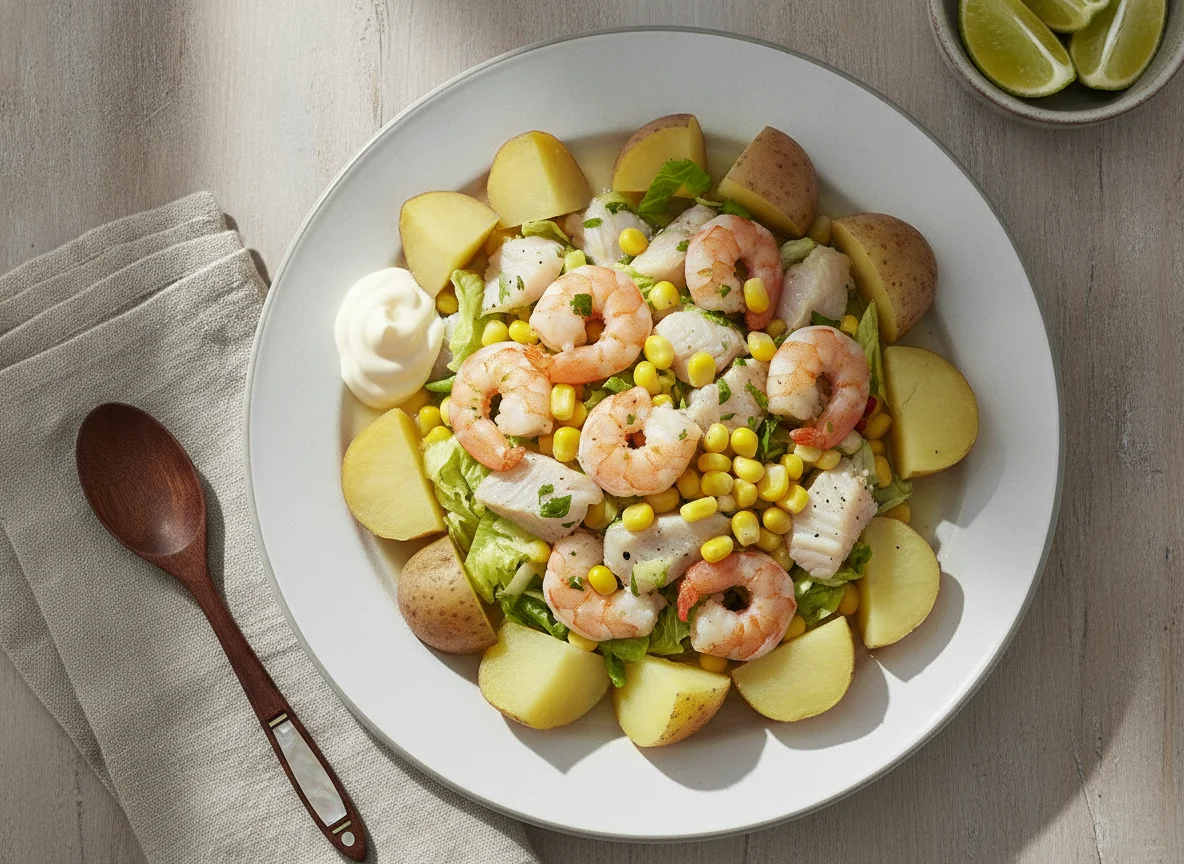 Ceviche de camarón y pescado con papas cocidas photo