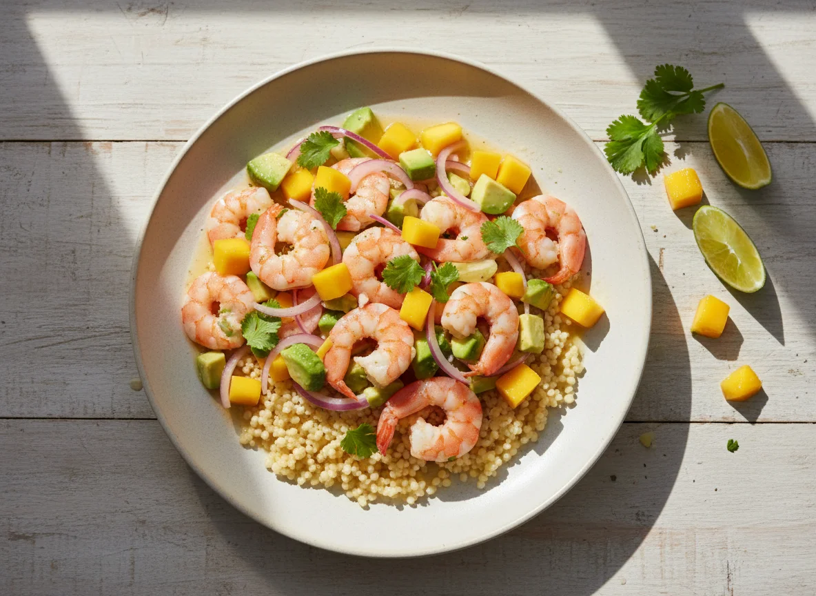 Ceviche de Camarones con Mango y Aguacate sobre Cuscús photo