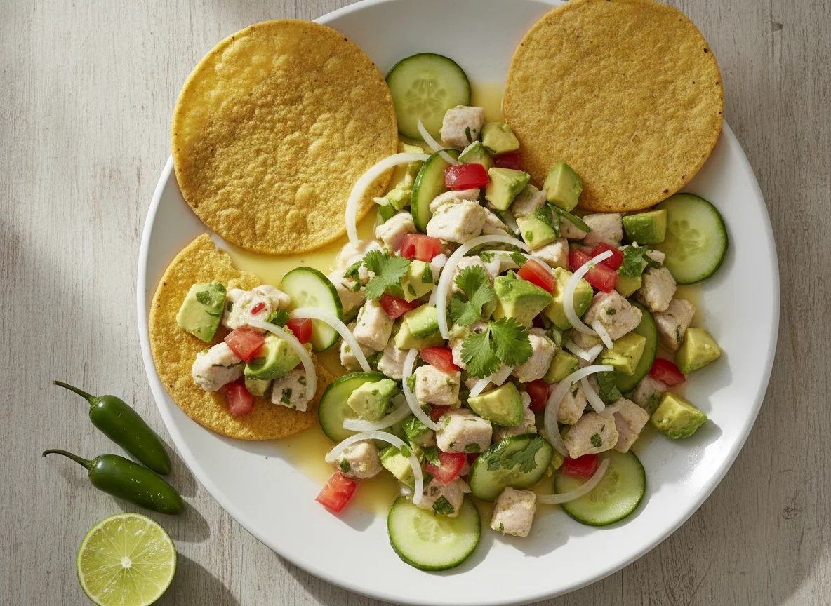 Ceviche de pescado con aguacate y tostada photo