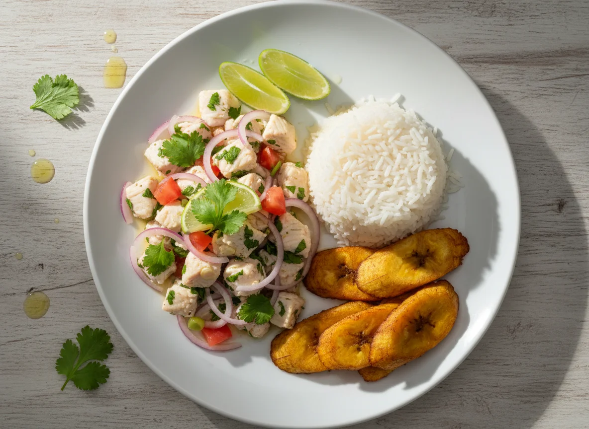 Ceviche de pescado con arroz y plátano frito photo