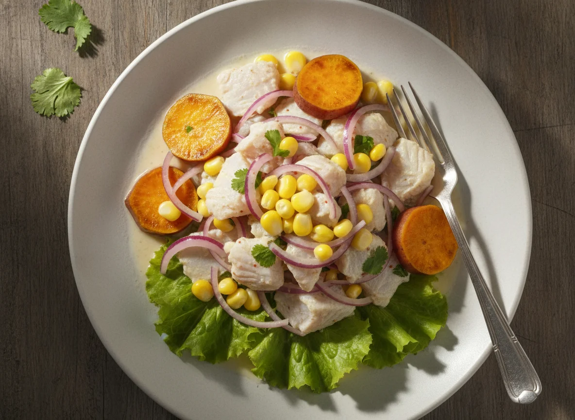 Ceviche de pescado con boniato y choclo photo