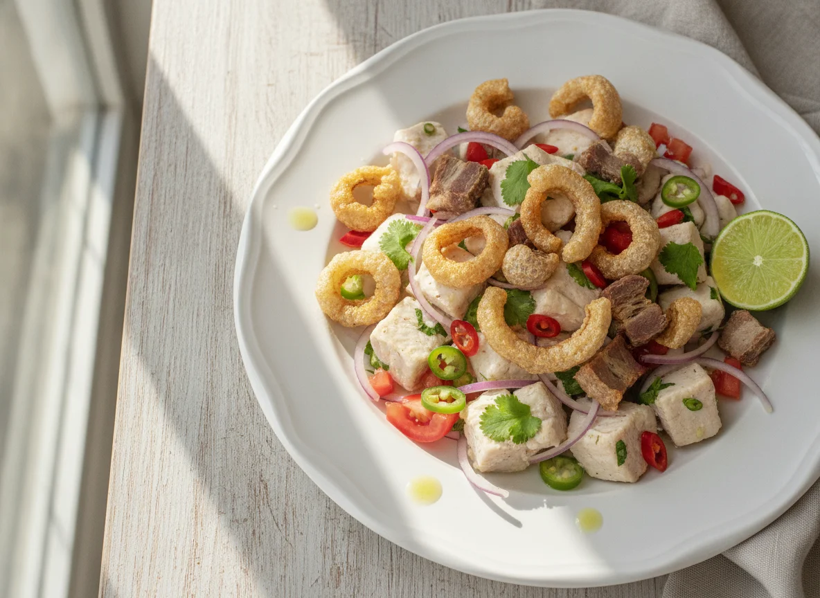 Ceviche de pescado con chicharrón de cerdo photo