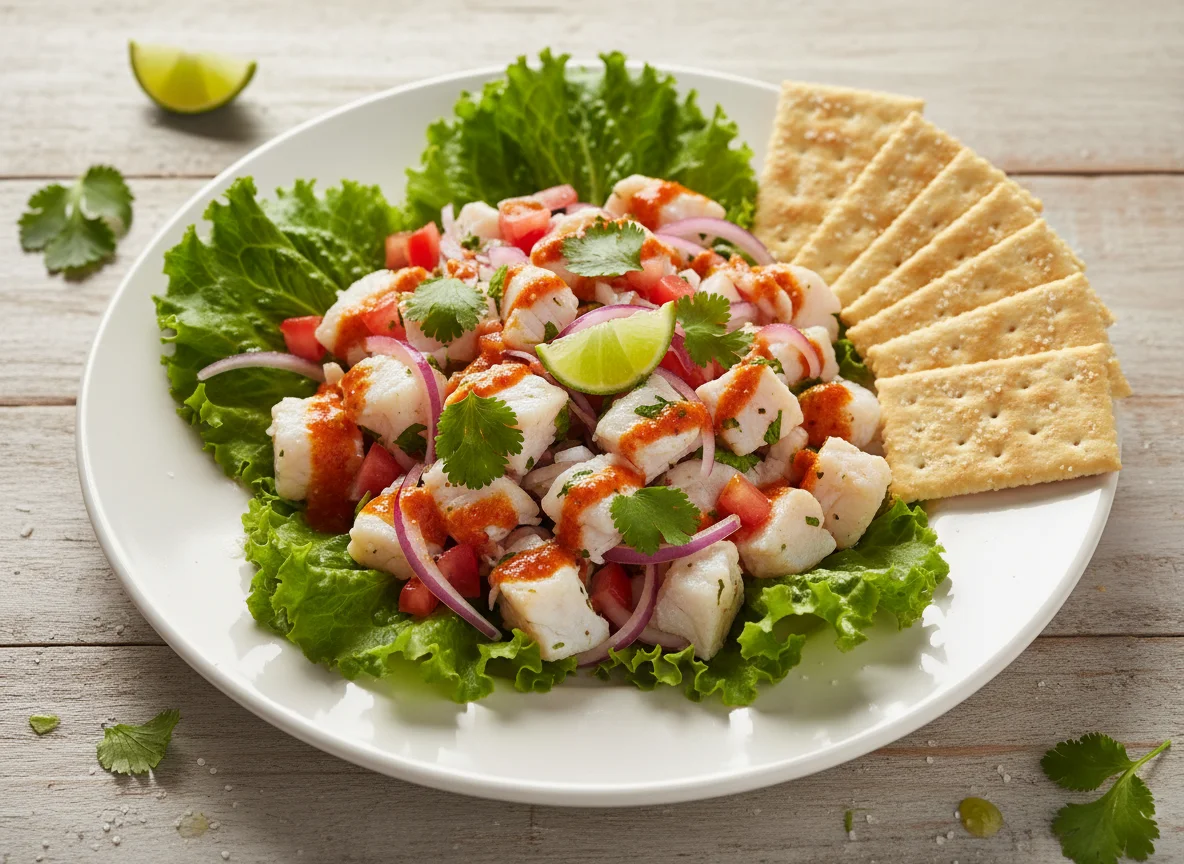 Ceviche de pescado con lechuga y galletas saladas photo