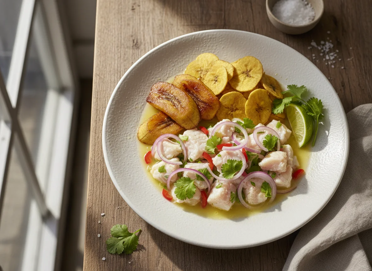 Ceviche de pescado con plátano maduro y chifles photo