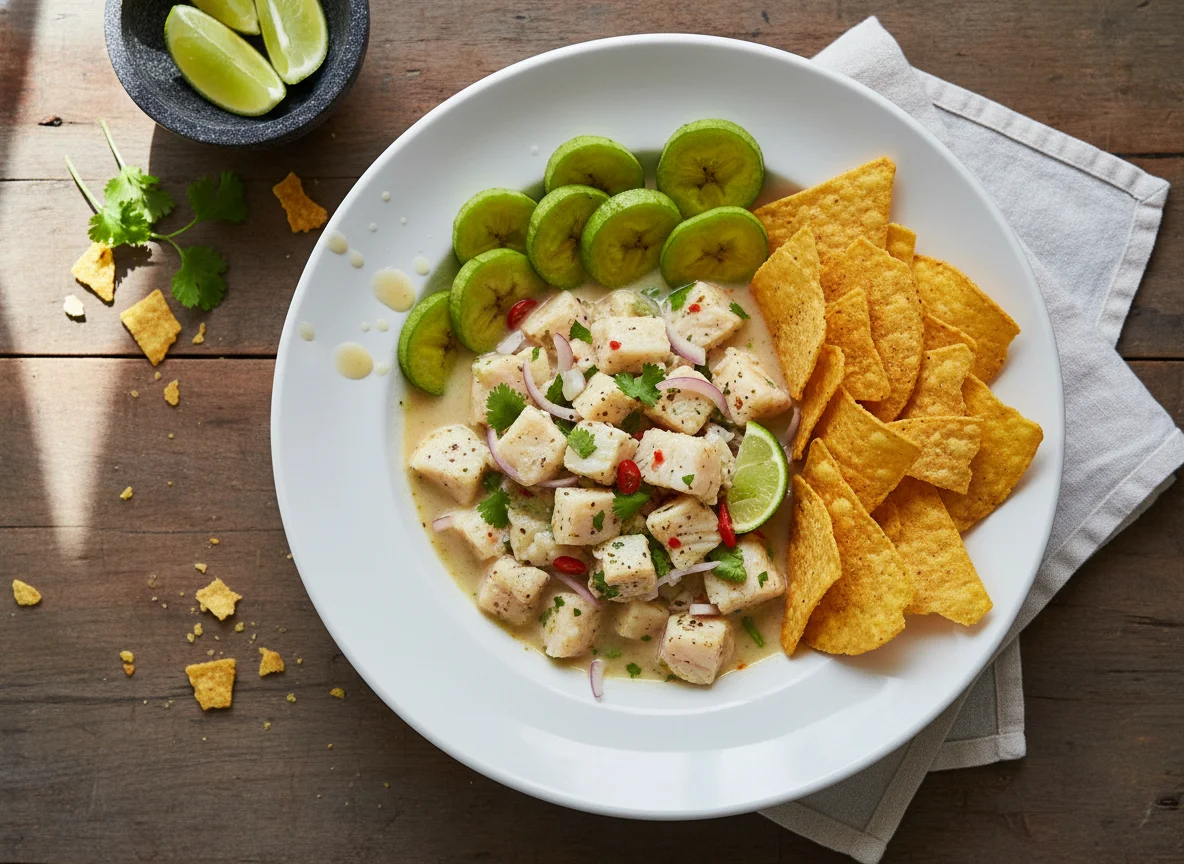 Ceviche de pescado con plátano verde y chips de tortilla photo