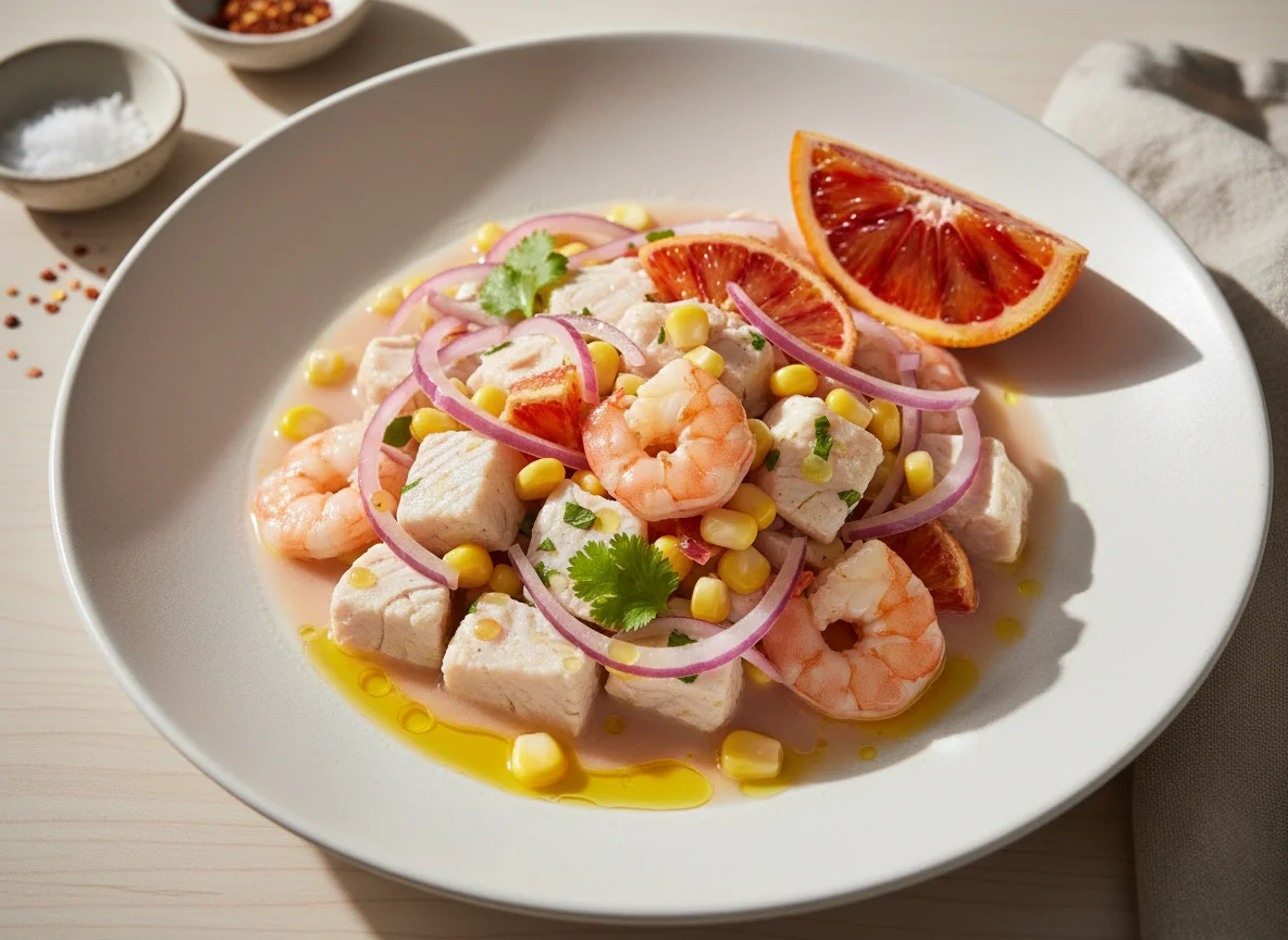 Ceviche de pescado y camarones photo