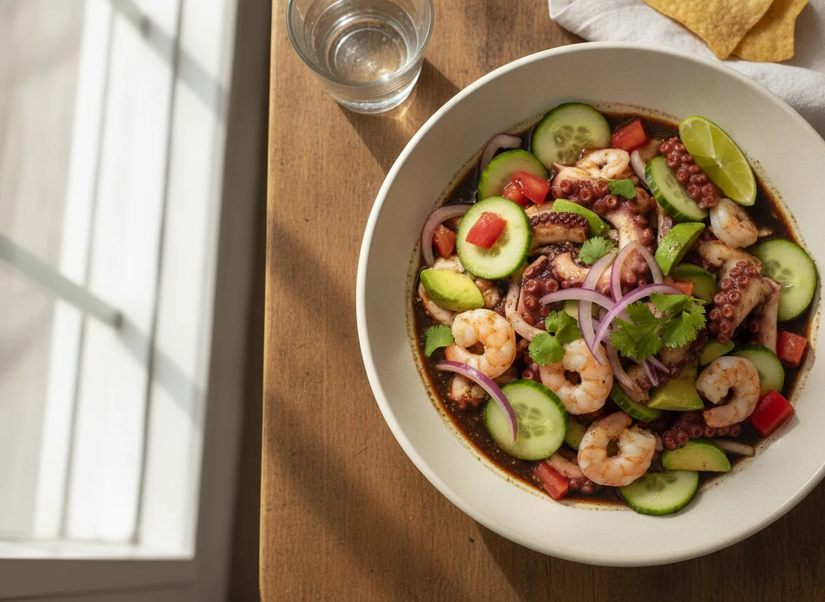 Ceviche de pulpo y camarón con aguacate photo