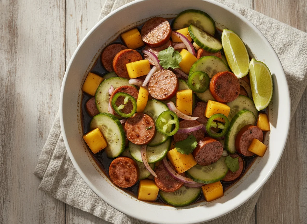 Ceviche de salchicha con mango y pepino photo