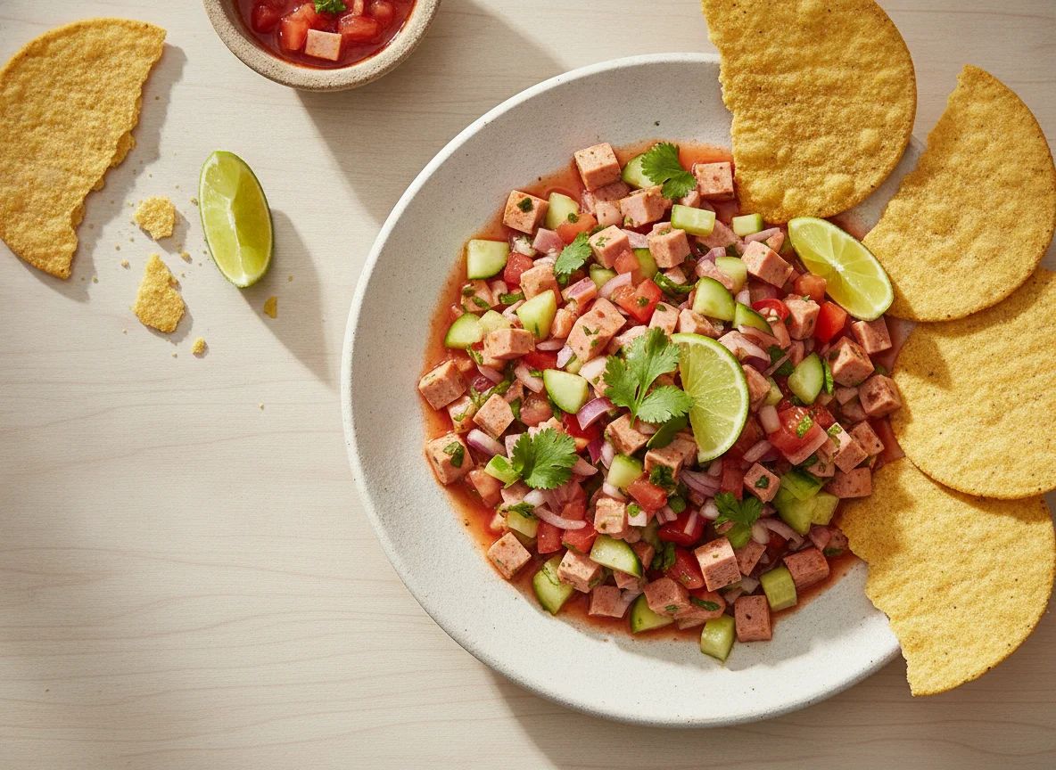 Ceviche de salchicha con tostadas de maíz photo