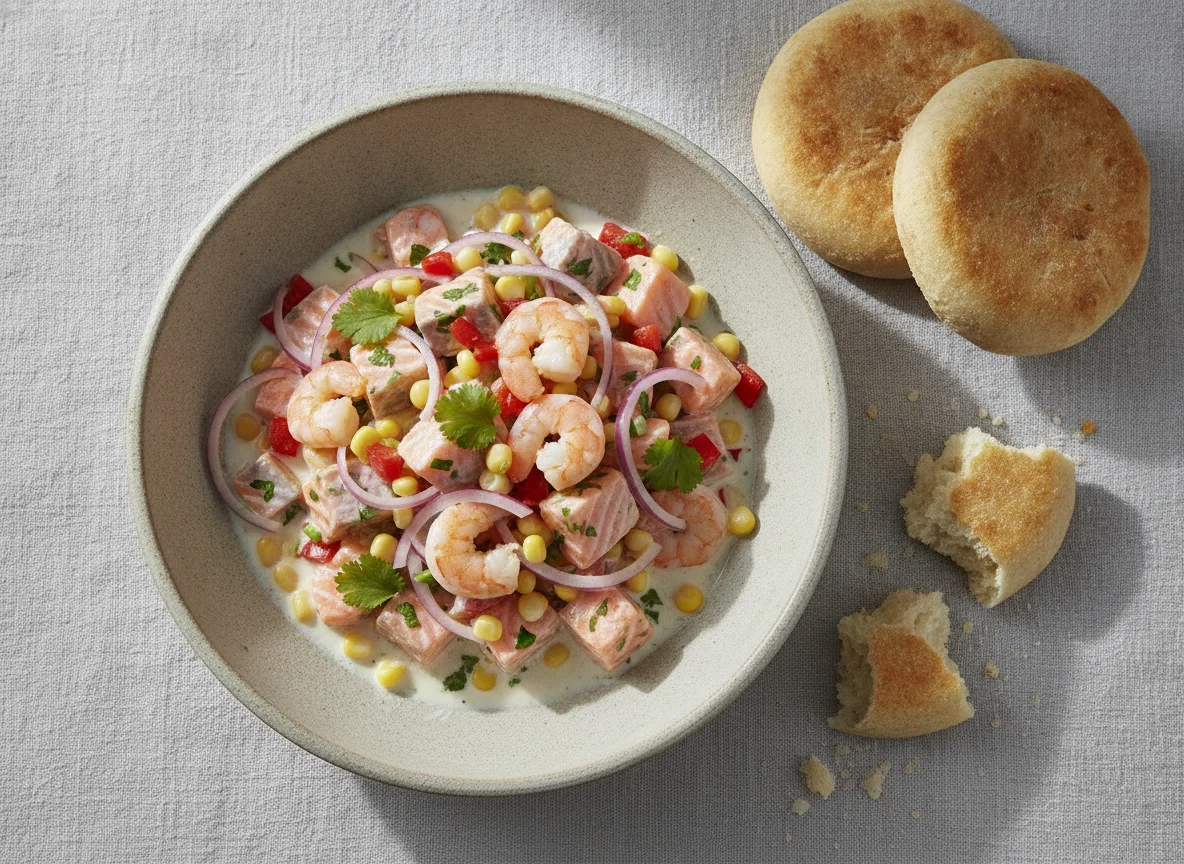 Ceviche de salmón y camarones con pan hallulla photo