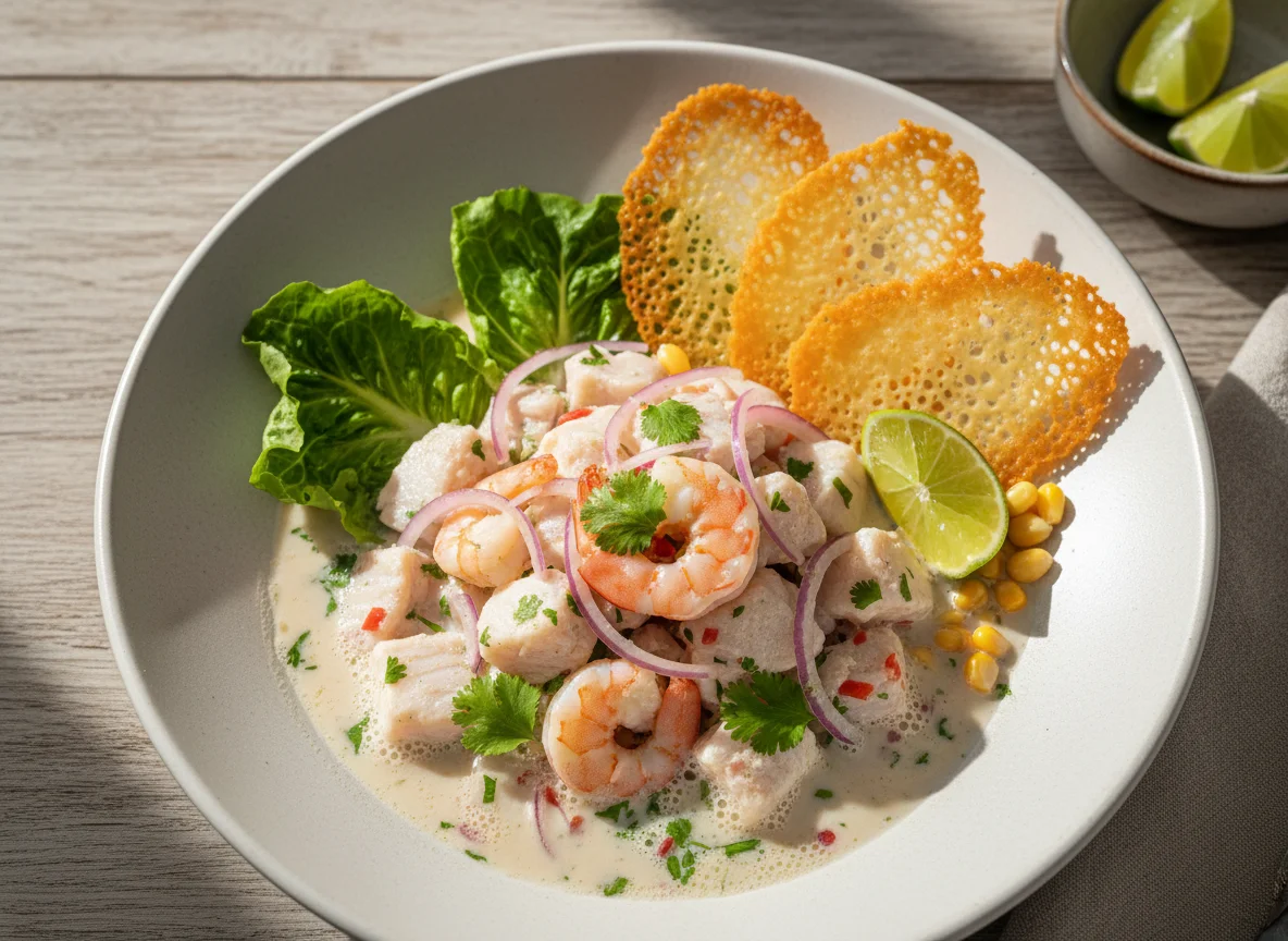 Ceviche Mixto con Leche de Tigre y Tostadas de Queso photo