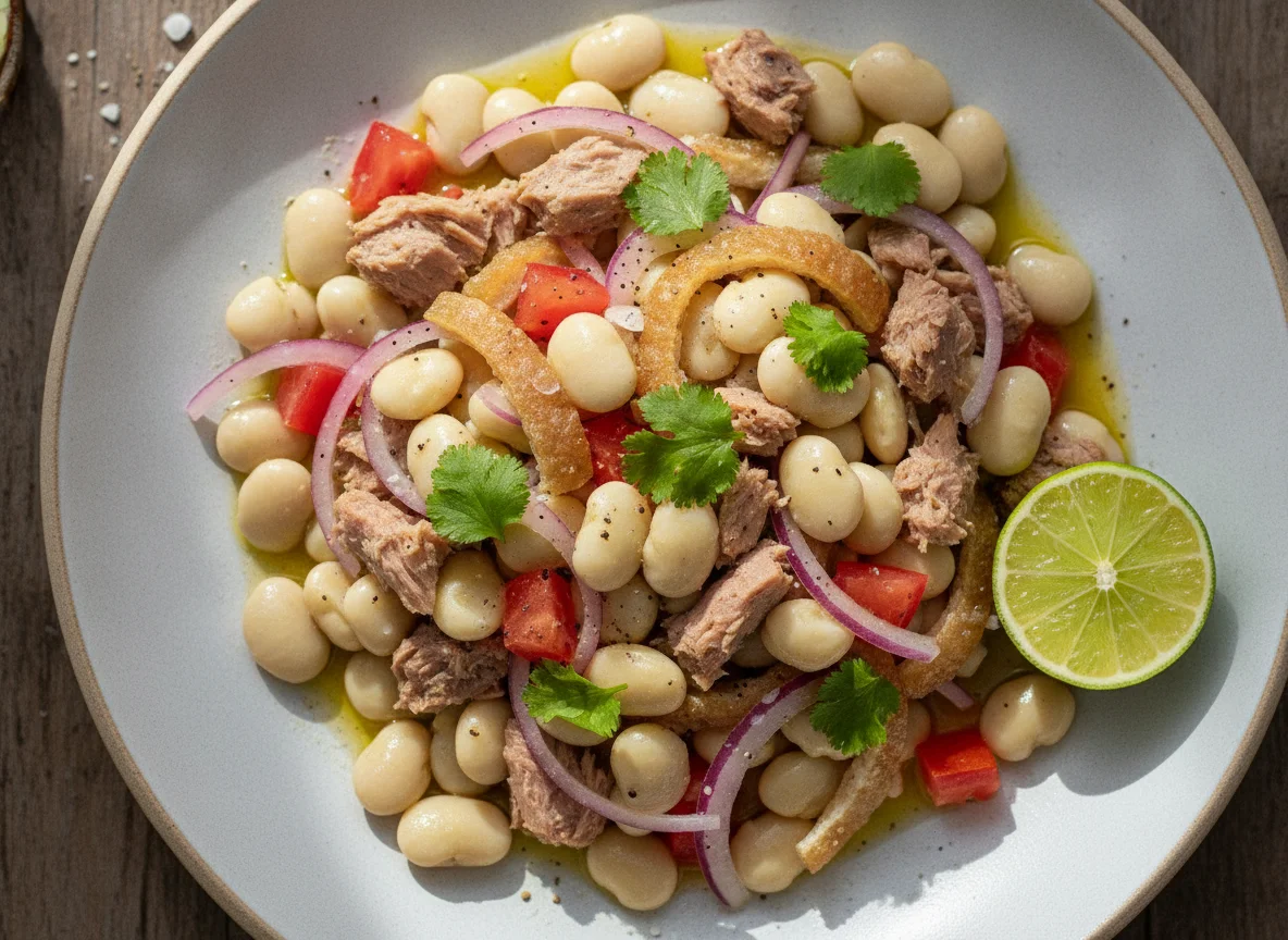 Cevichocho mixto de cuero de cerdo y atún photo