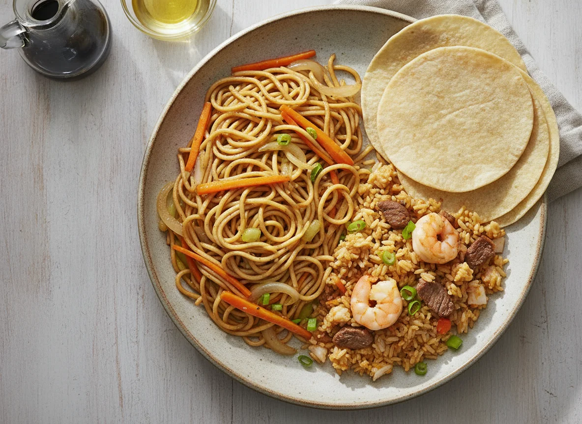 Chao mein con arroz frito y tortillas photo