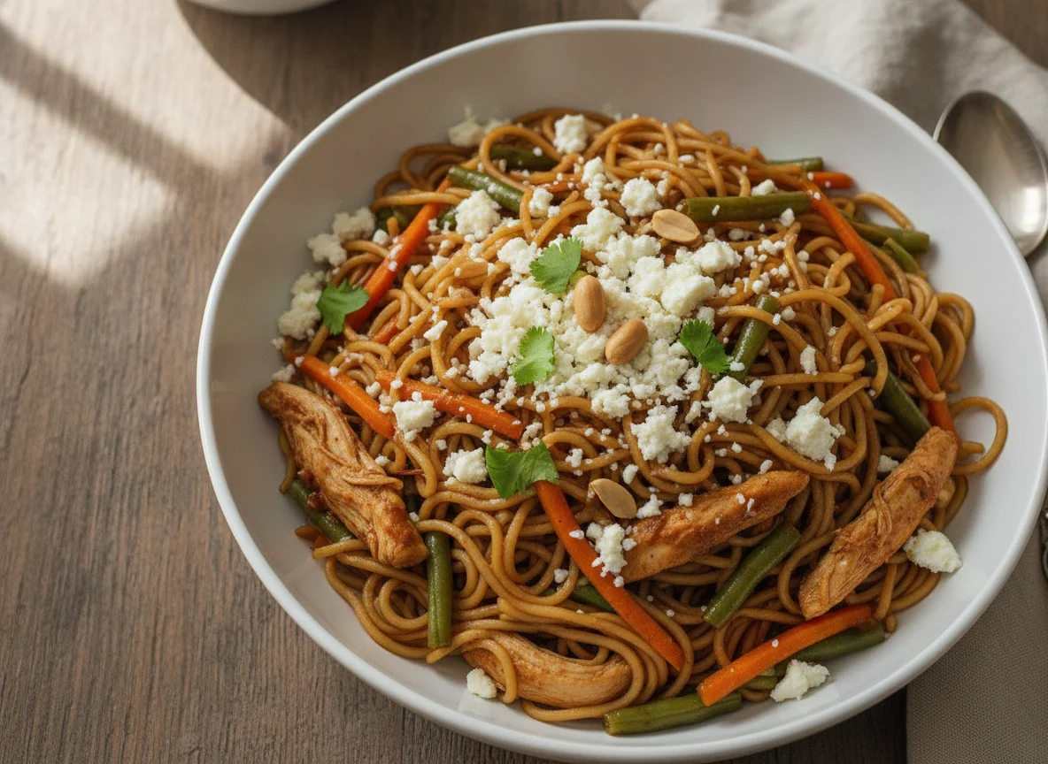 Chao mein con pollo y queso fresco photo