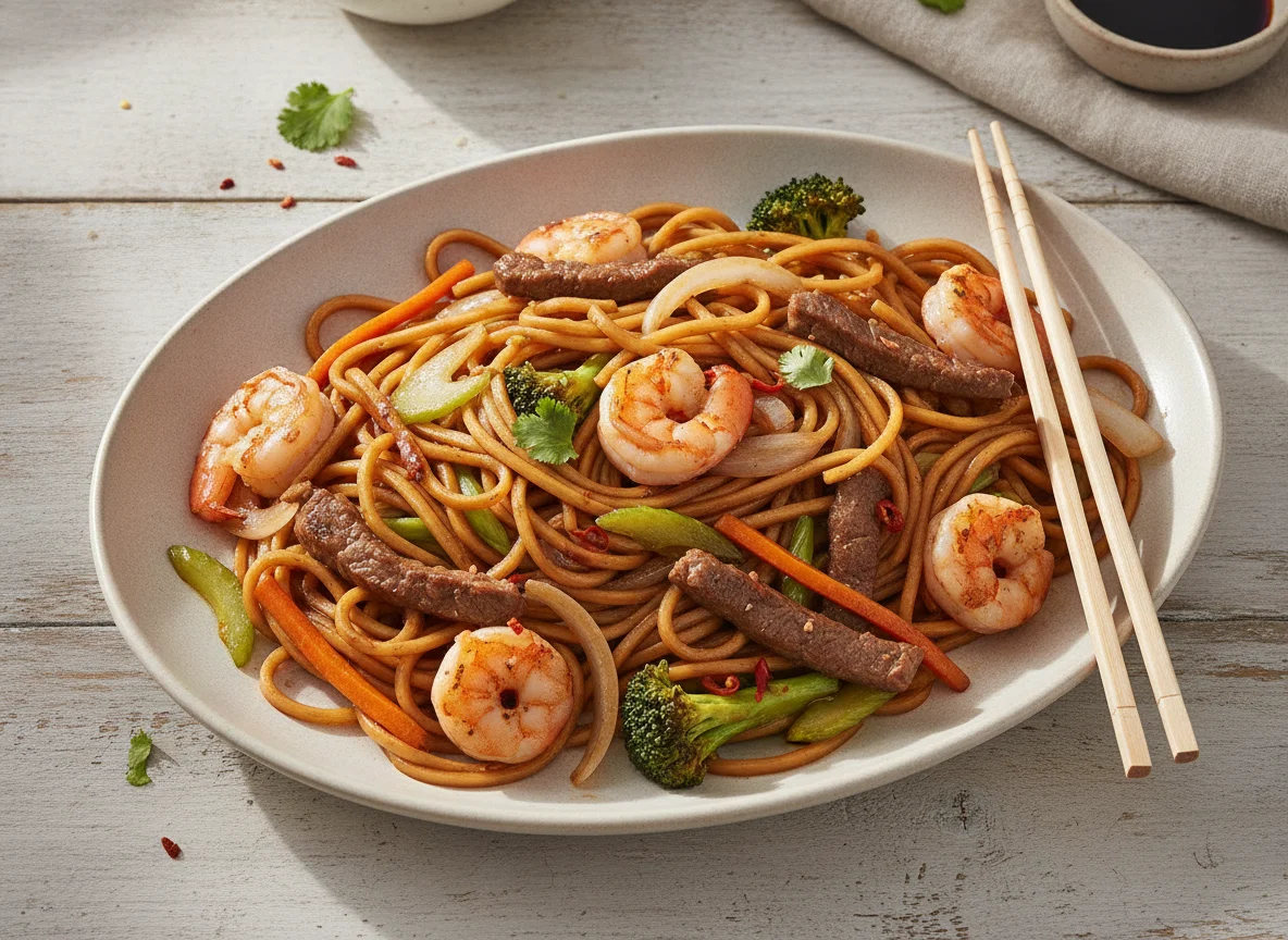 Chao mein mixto con camarones y res photo