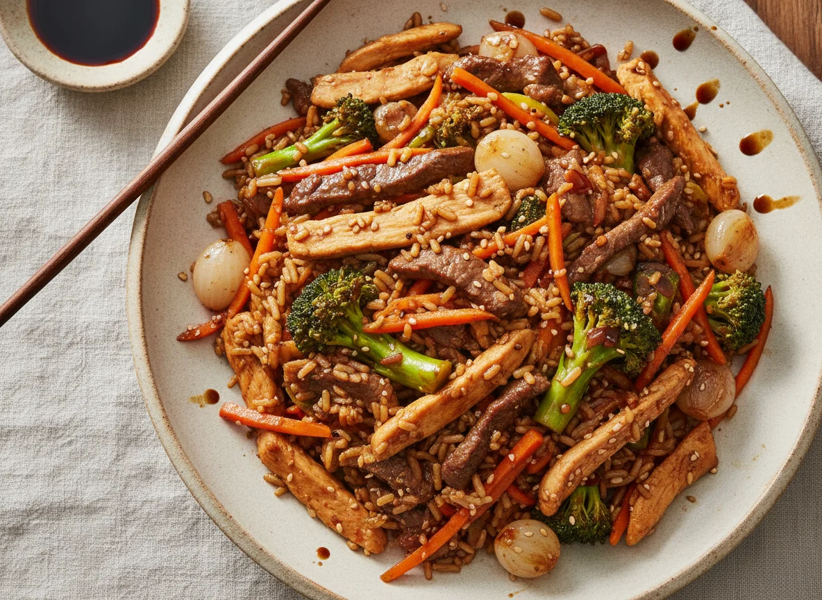 Chaulafán de pollo y carne con vegetales photo
