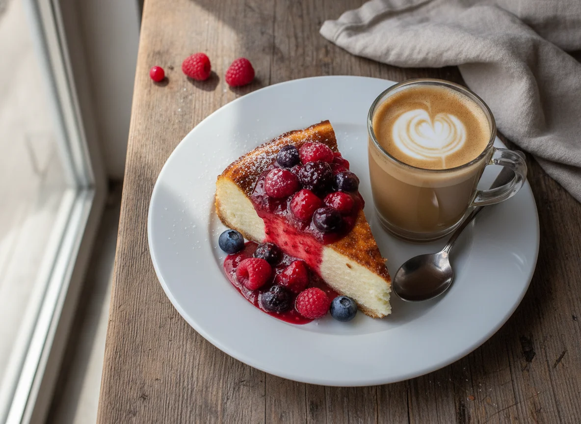 Cheesecake con frutos rojos y café con leche photo