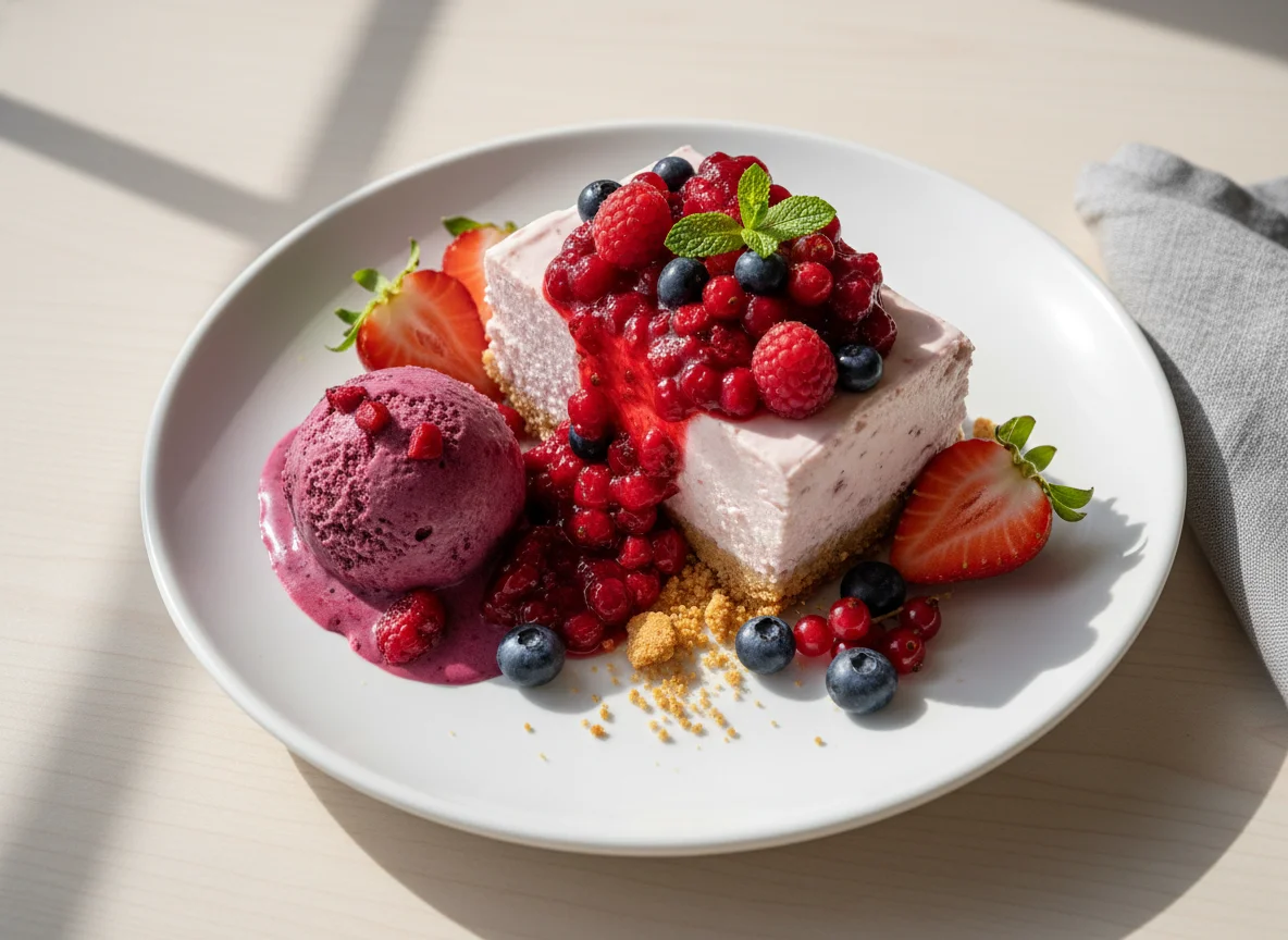 Cheesecake de frutos rojos con helado photo