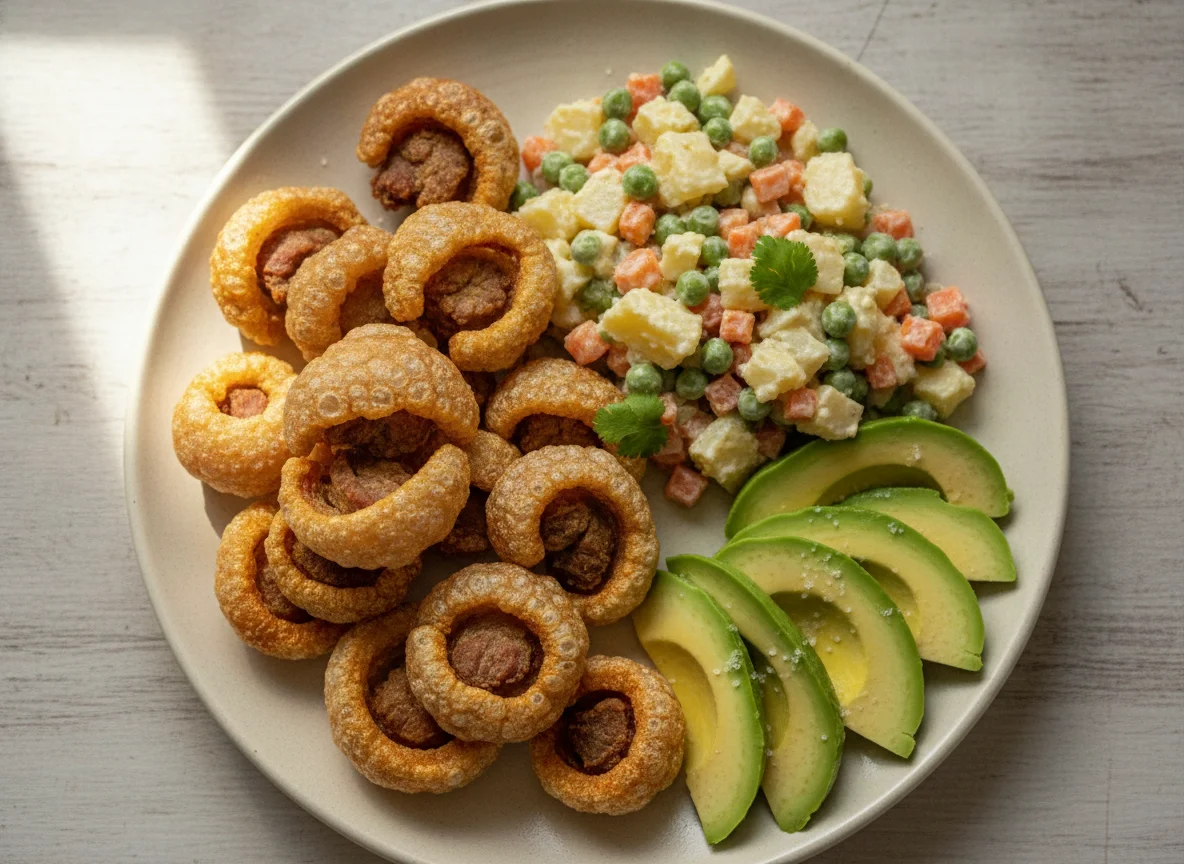 Chicharrón con ensalada rusa y aguacate photo