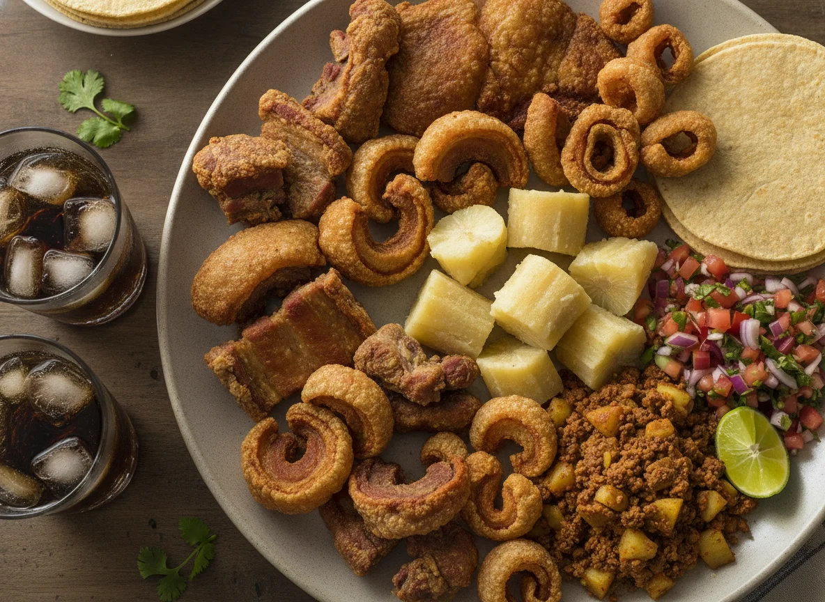 Chicharrón con yuca, picadillo y pico de gallo photo