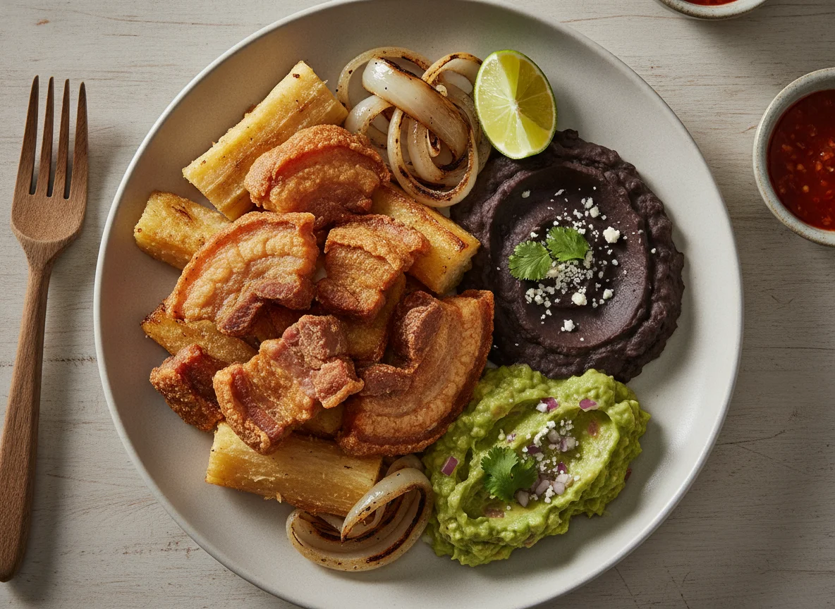 Chicharrón con yuca y frijoles photo