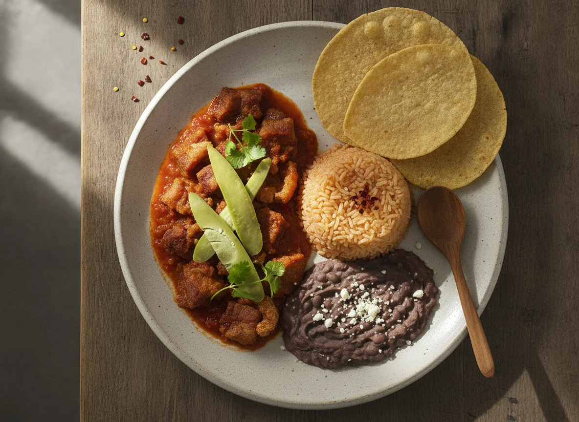 Chicharrón en salsa con arroz y frijoles photo