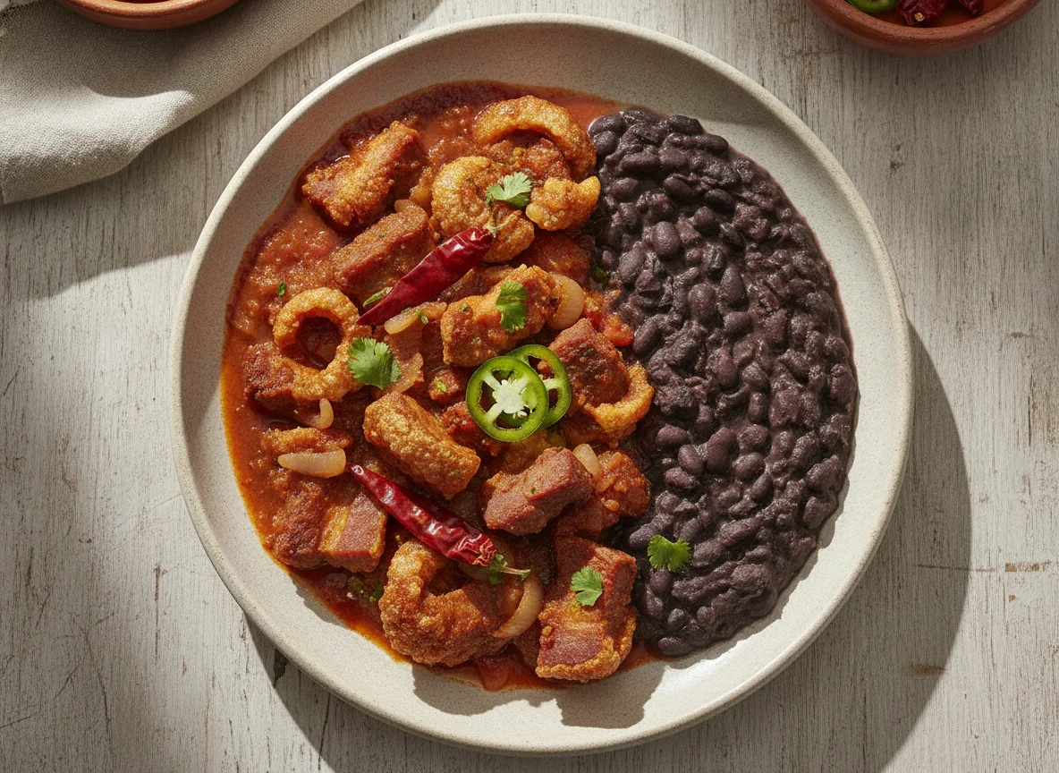 Chicharrón en salsa roja con frijoles negros photo