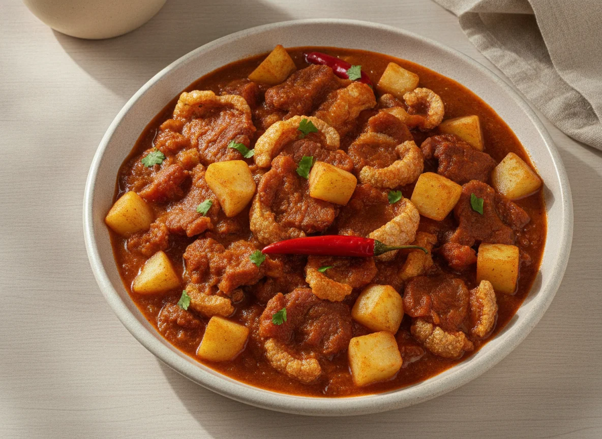 Chicharrón en salsa roja con papas photo