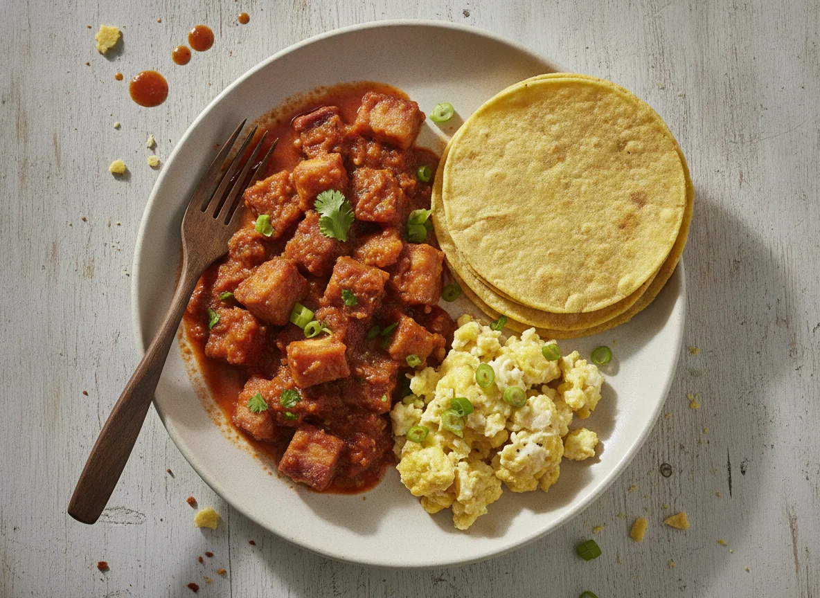 Chicharrón en salsa roja con tortillas photo