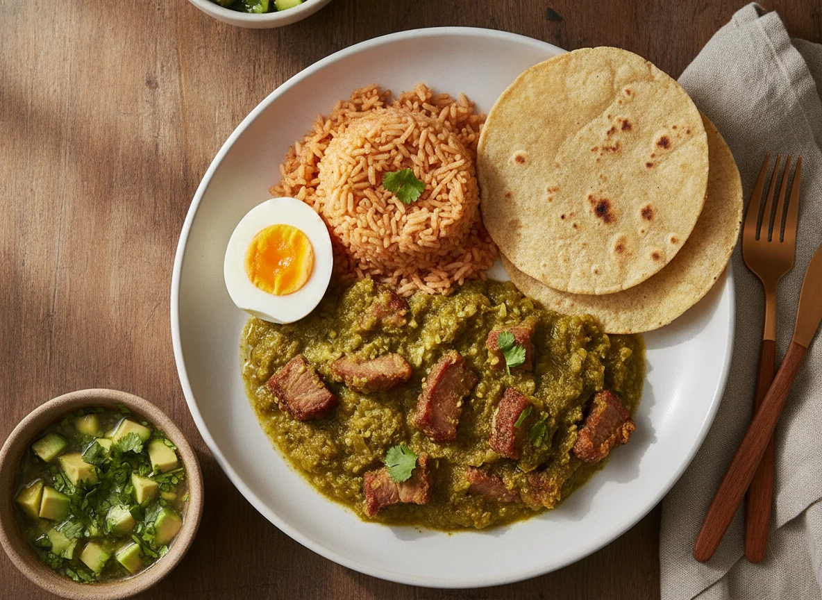 Chicharrón en salsa verde con arroz y huevo photo