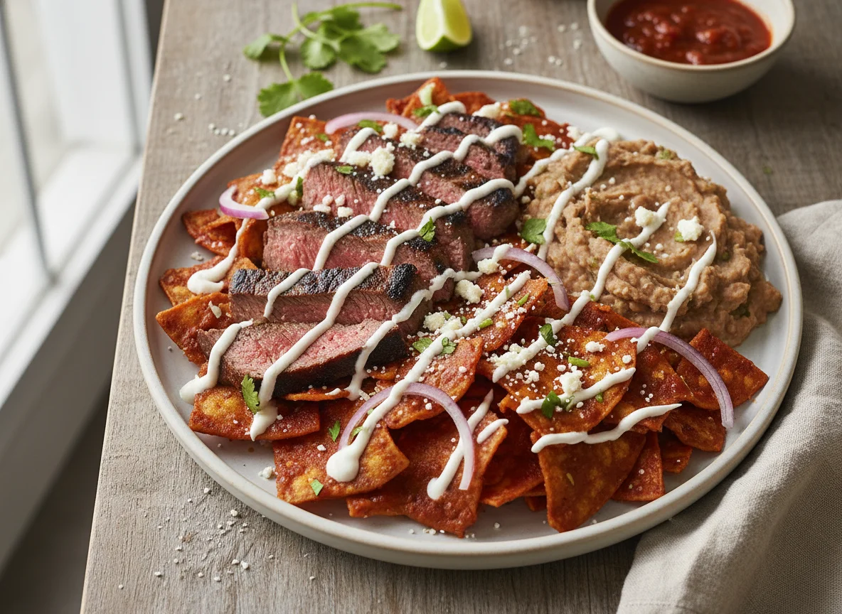 Chilaquiles con bistec y frijoles refritos photo