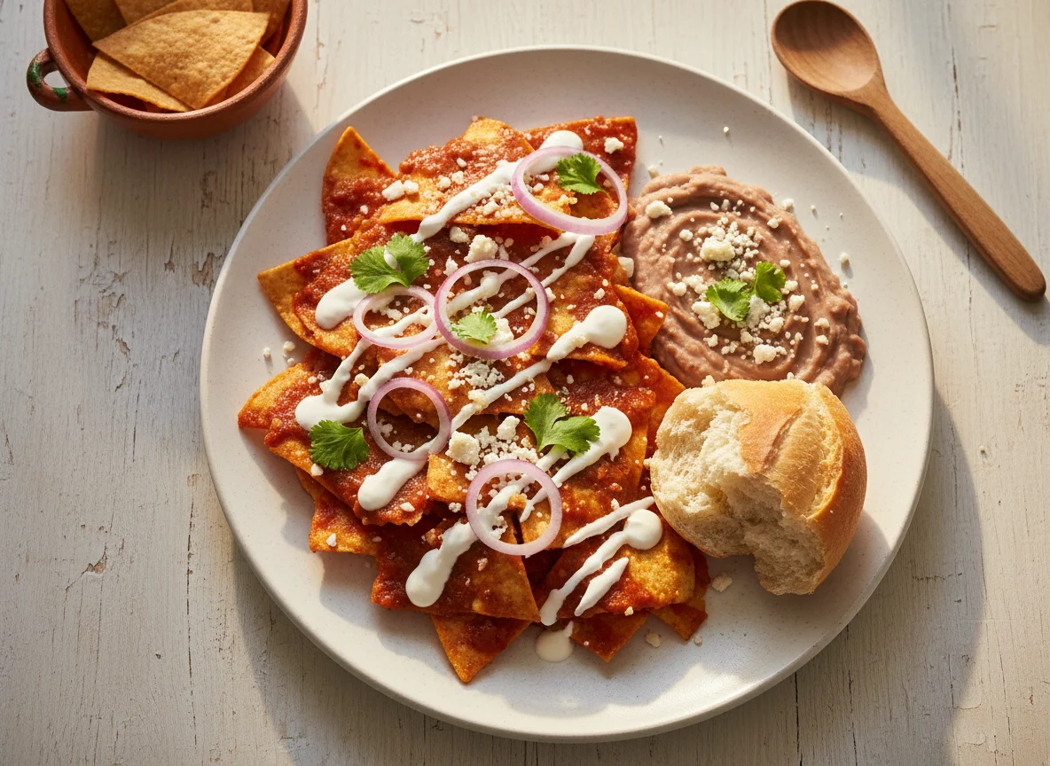 Chilaquiles con frijoles refritos y bolillo photo