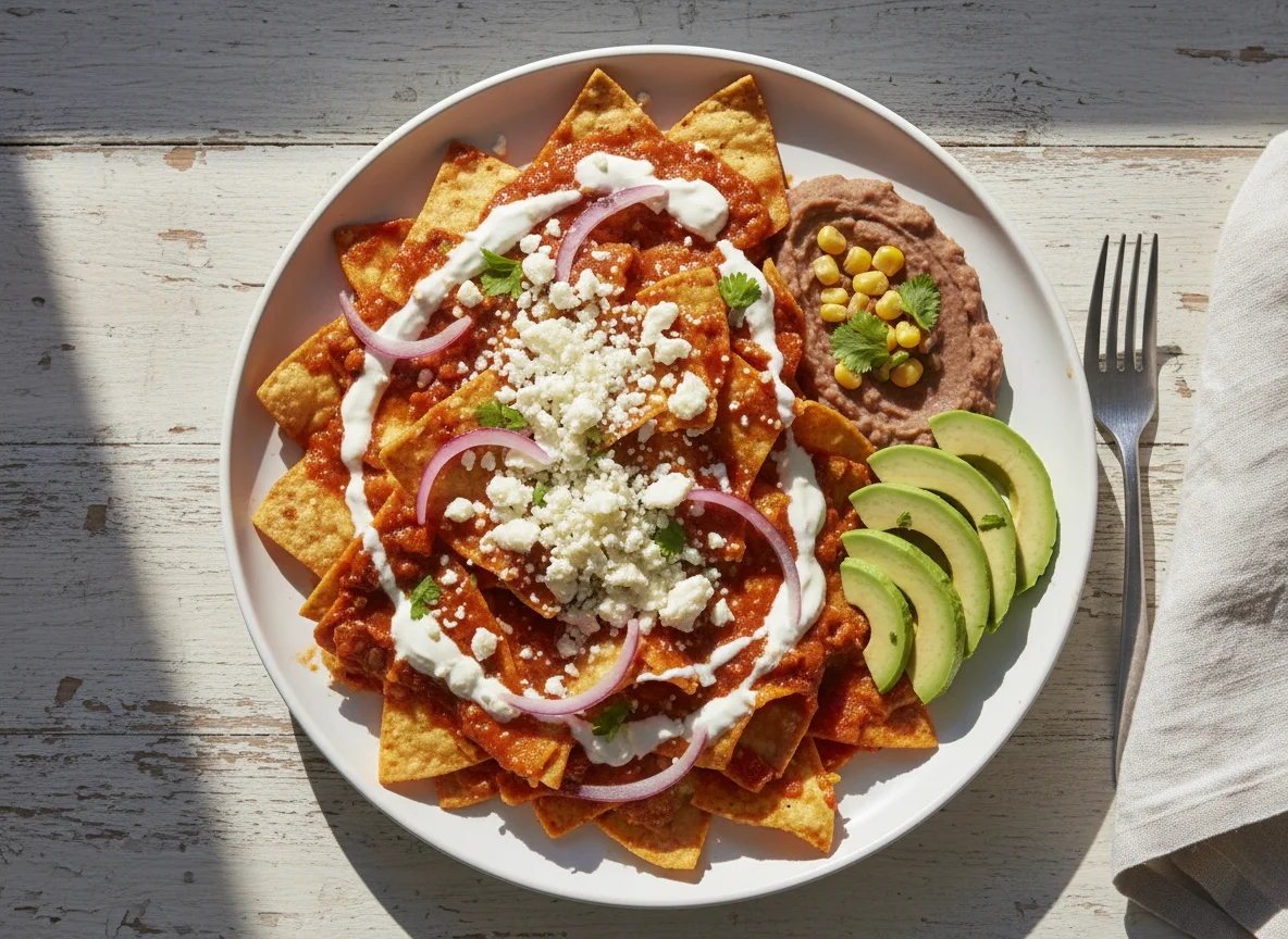 Chilaquiles con frijoles y aguacate photo