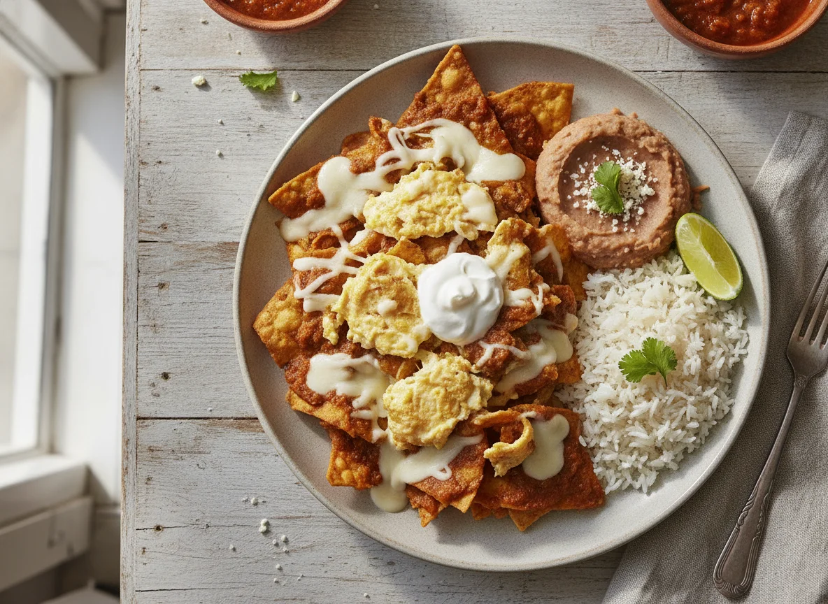 Chilaquiles con frijoles y arroz photo