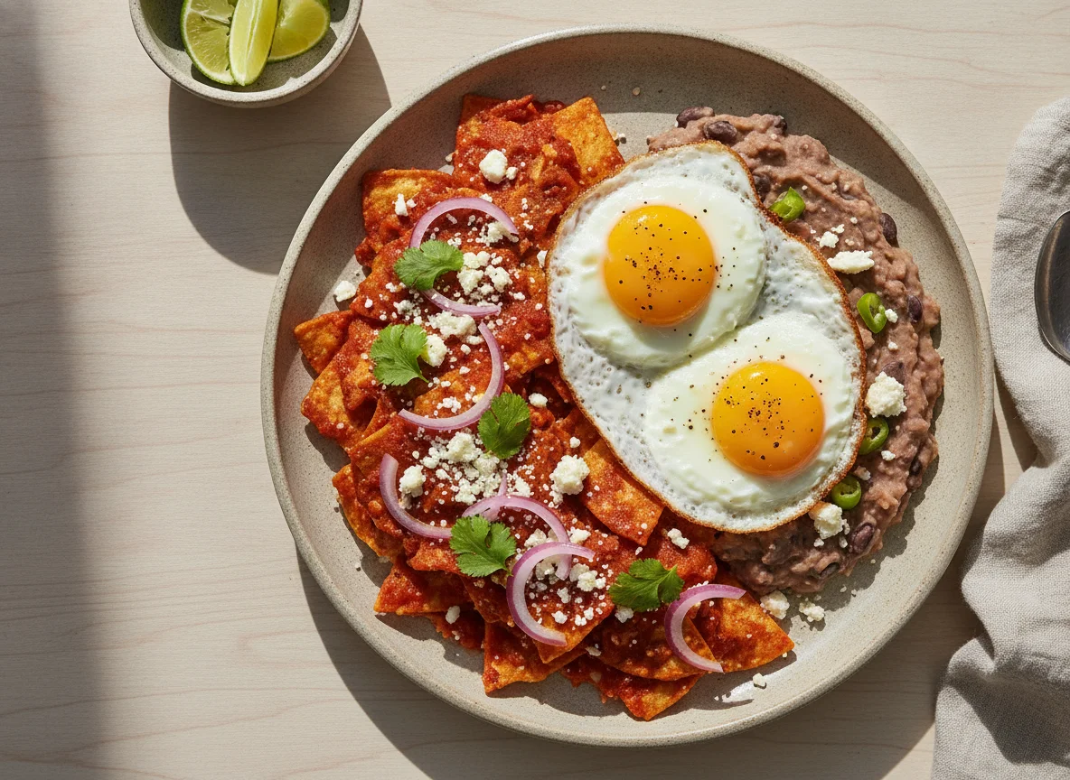 Chilaquiles con frijoles y huevos fritos photo