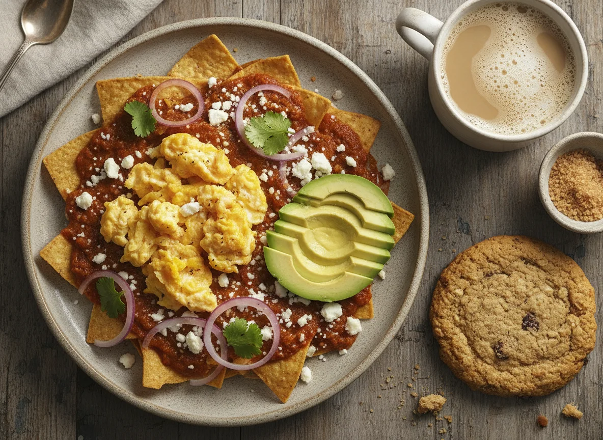 Chilaquiles con huevo, aguacate y café con galleta photo