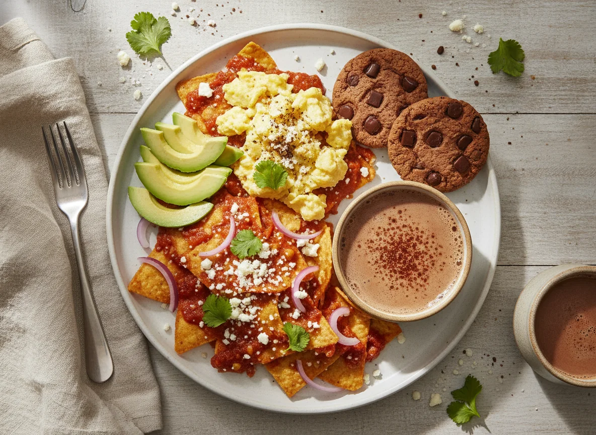 Chilaquiles con huevo, aguacate y galletas photo