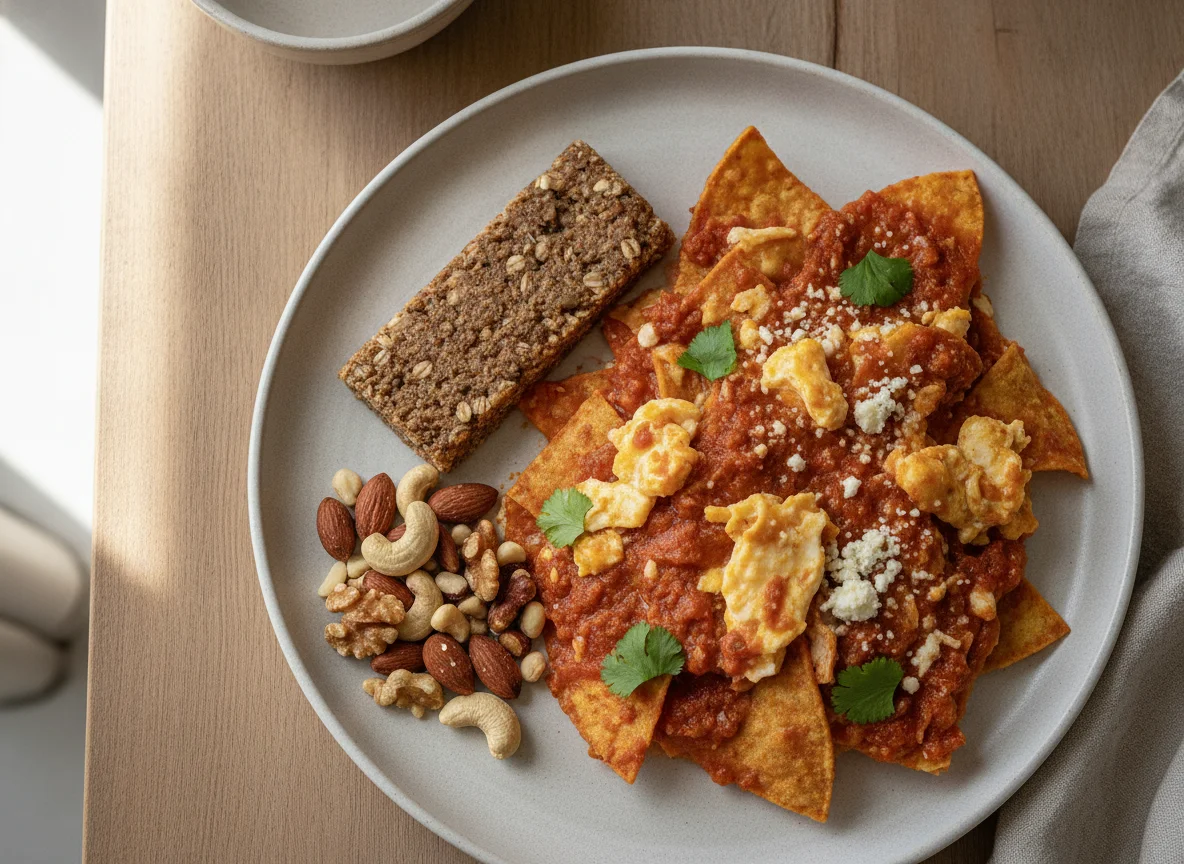 Chilaquiles con huevo, barra de proteína y mezcla de nueces photo