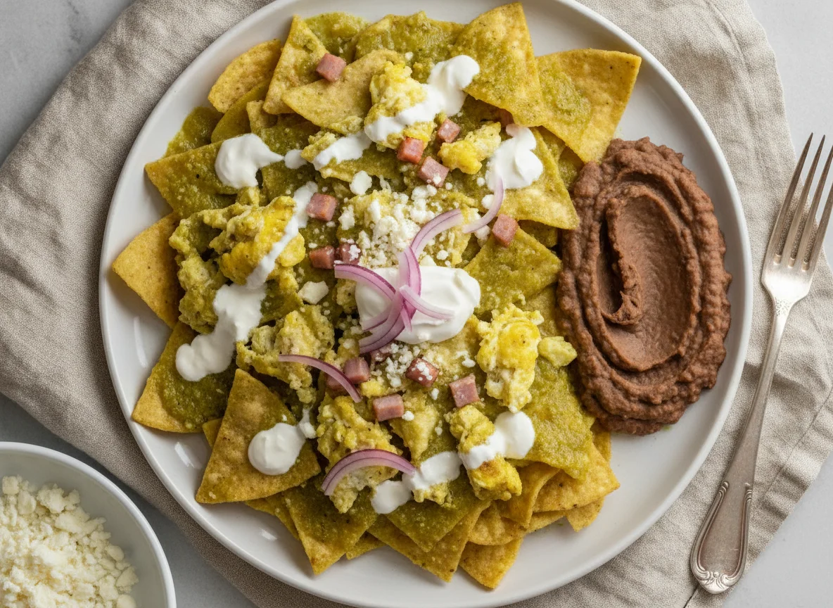 Chilaquiles con huevo, jamón y frijoles refritos photo