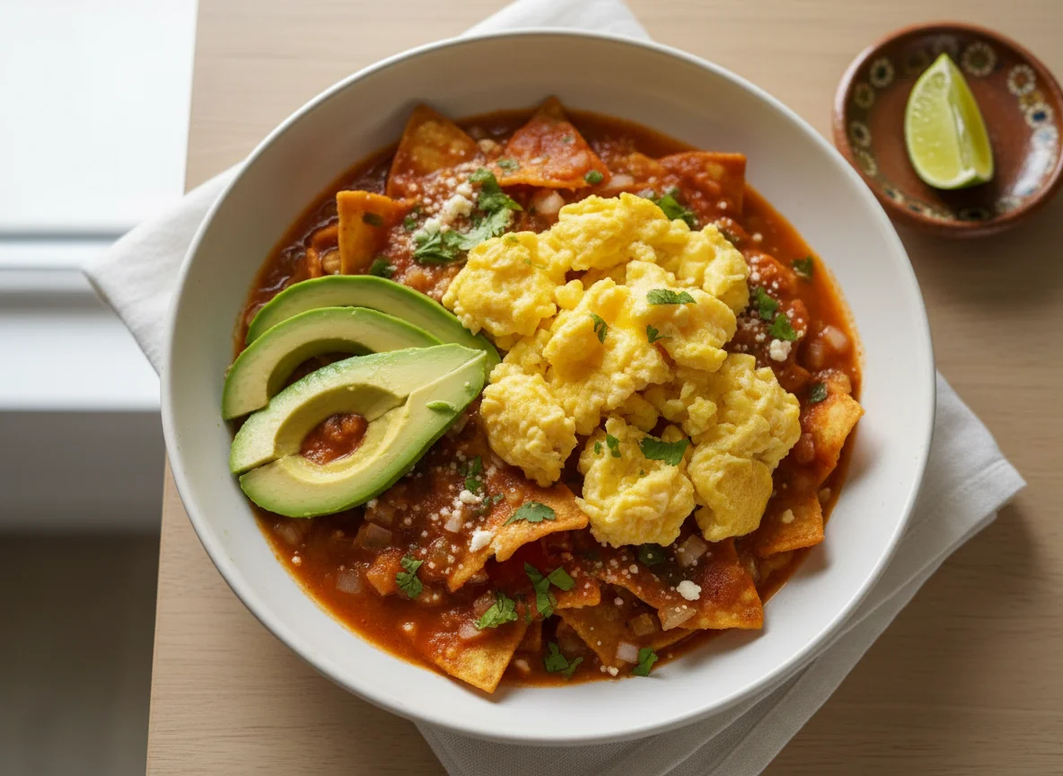Chilaquiles con huevo y aguacate photo
