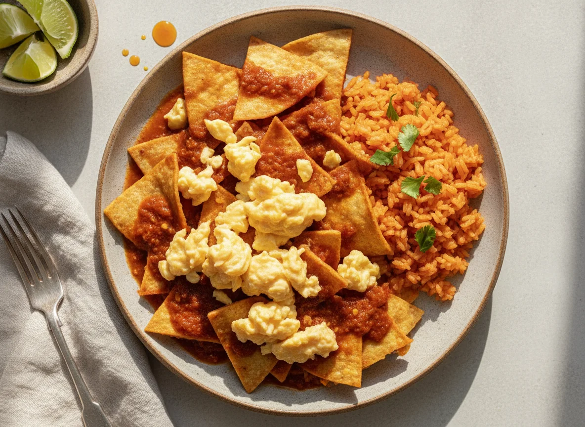 Chilaquiles con huevo y arroz rojo photo