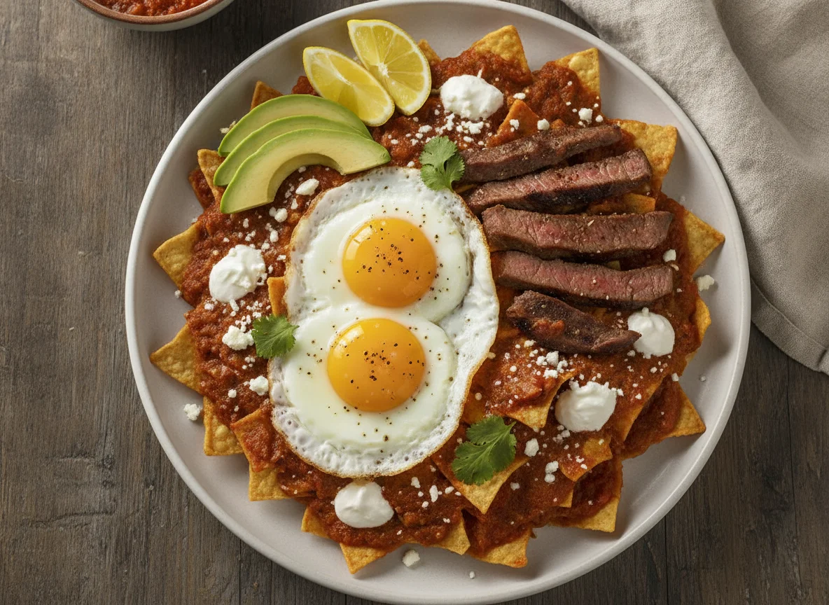 Chilaquiles con huevo y bistec photo