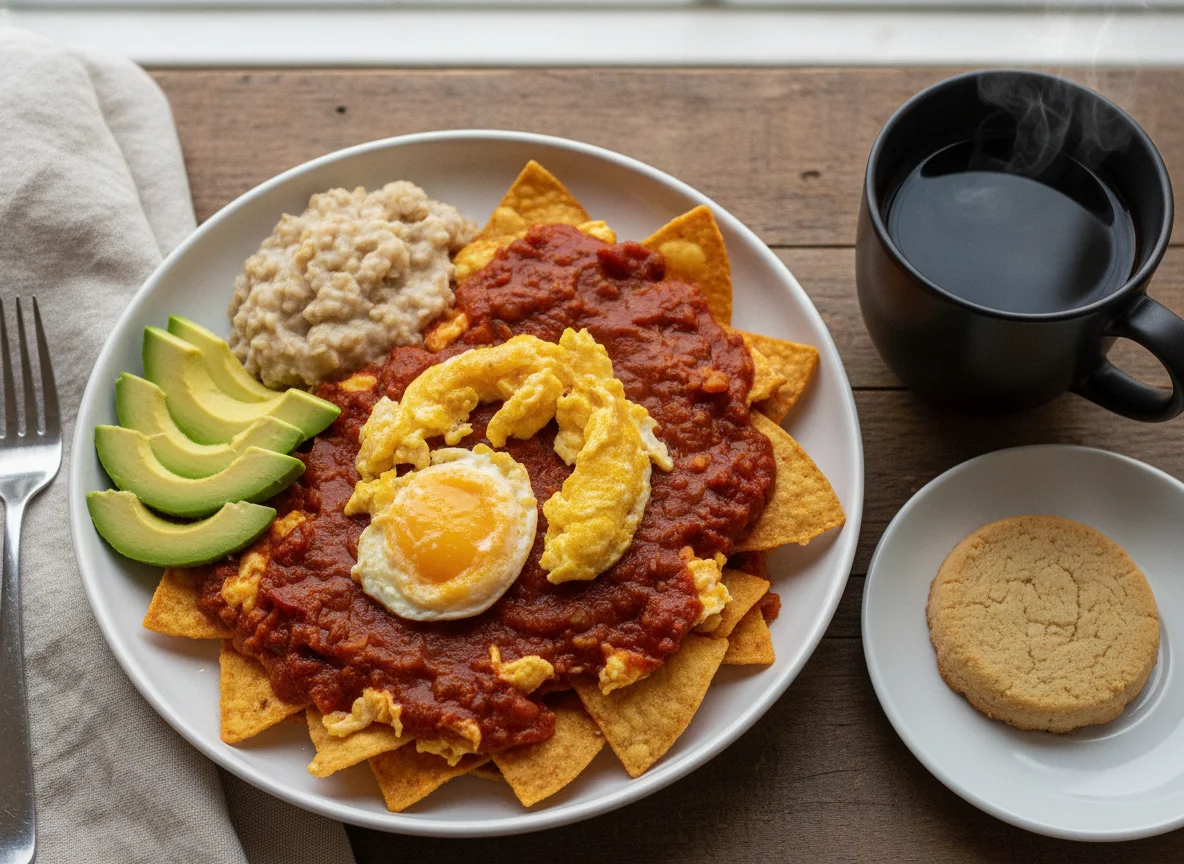 Chilaquiles con huevo y café con avena photo