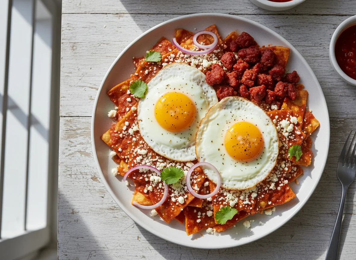 Chilaquiles con huevo y chorizo photo