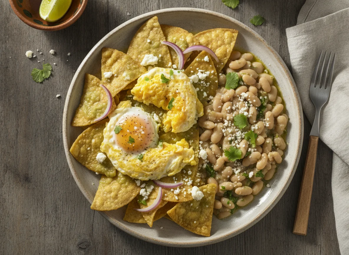 Chilaquiles con huevo y frijoles blancos photo