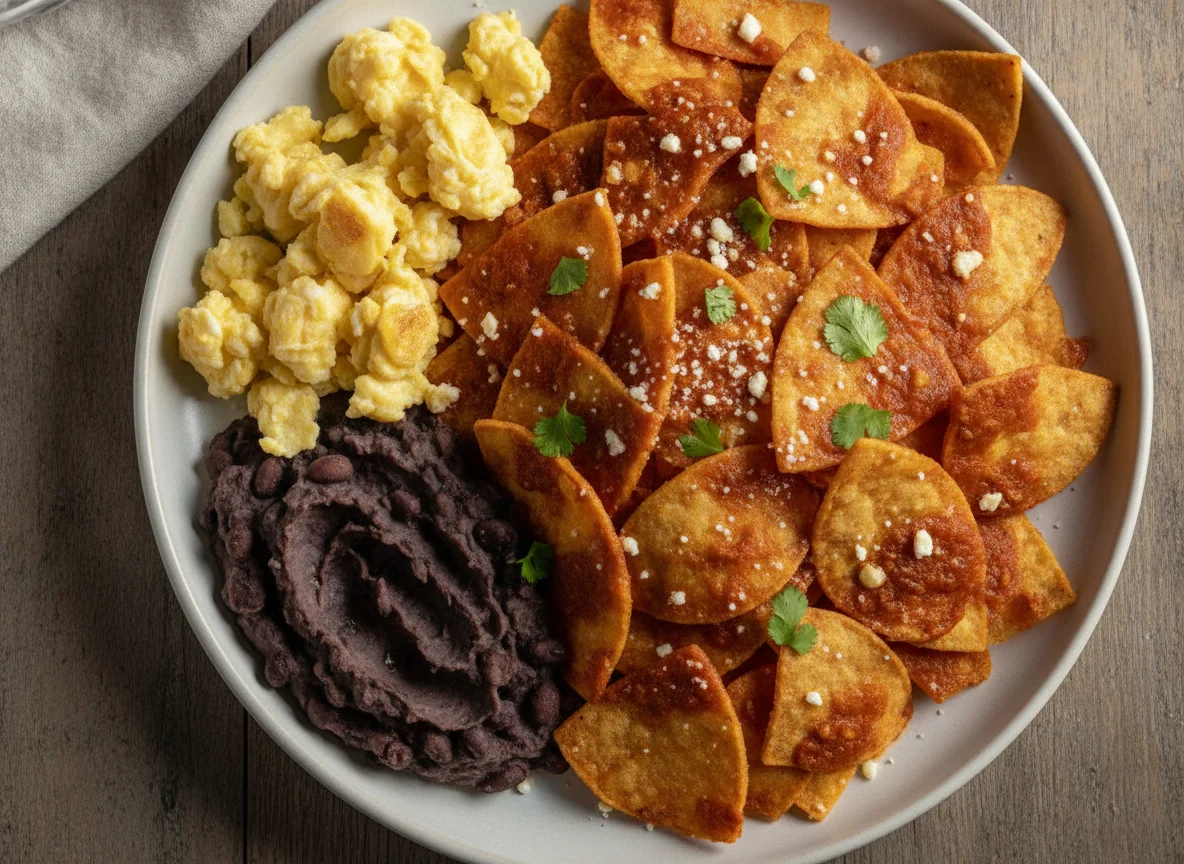 Chilaquiles con huevo y frijoles refritos photo