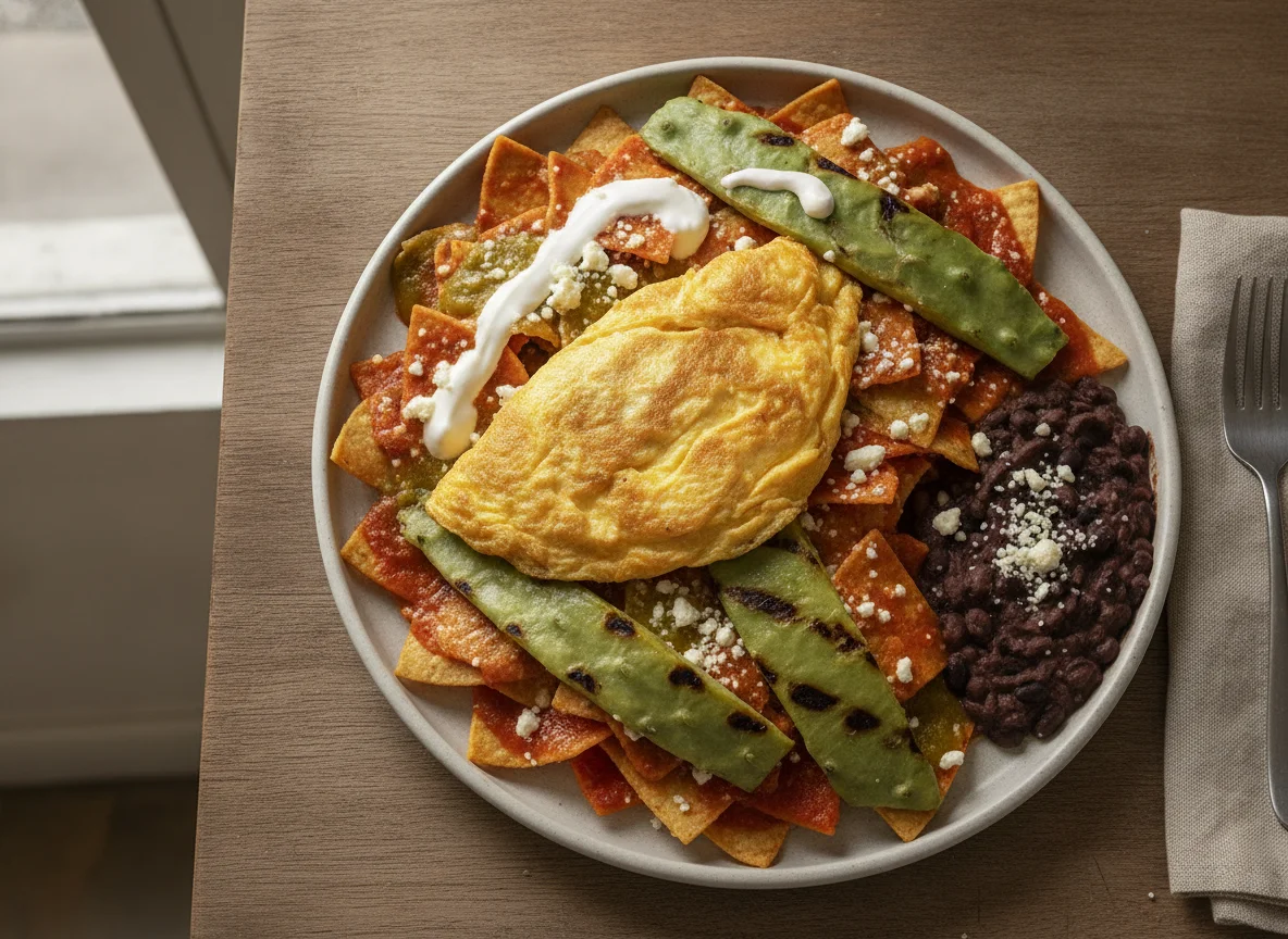Chilaquiles con huevo y nopal con frijoles photo